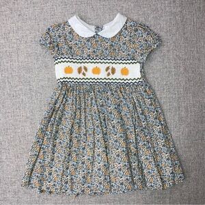 Rachel Riley 5Y floral dress with fall pumpkin and leaves smocking EUC